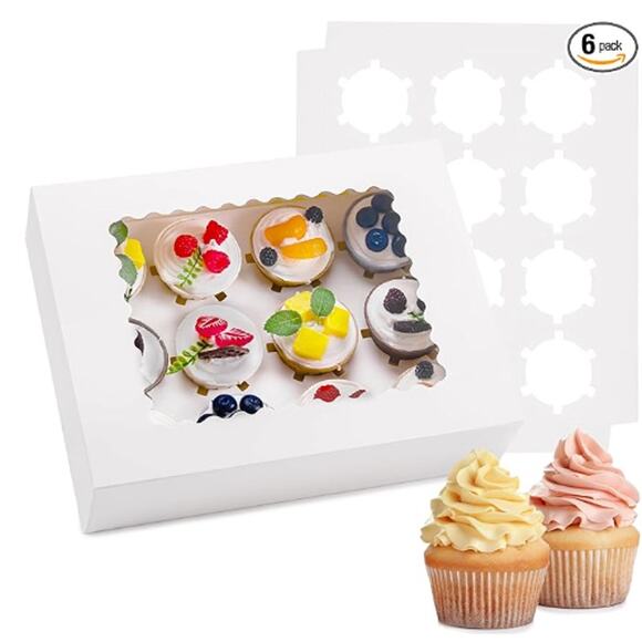 6PCS Cupcake Boxes- Holds 12 Cupcakes, Containers with Window- White - Picture 3 of 3